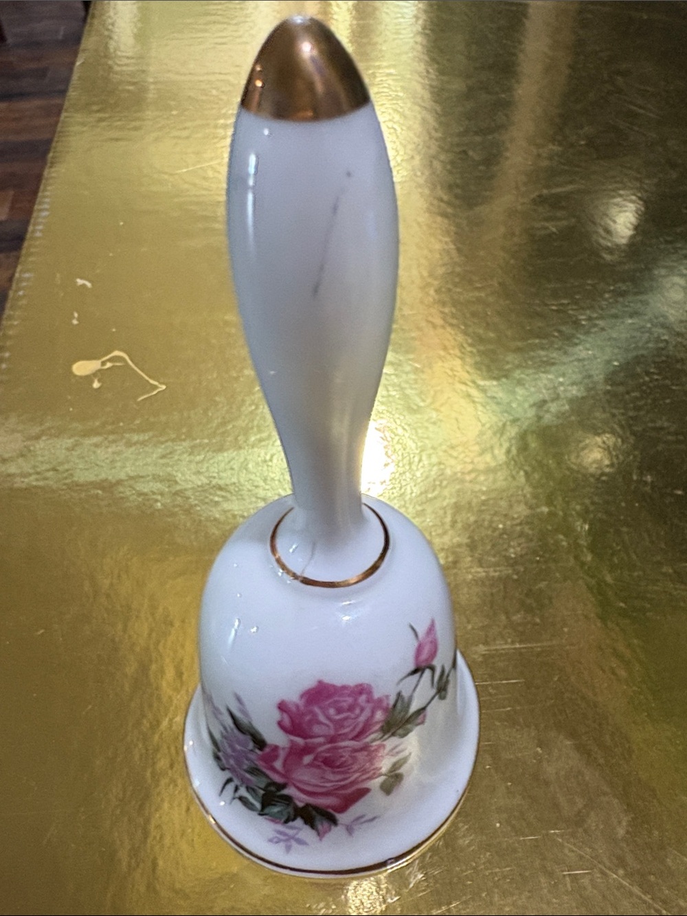 White Bone China Hand Bell with Pink Rose Motif and Gold Trim made in Japan